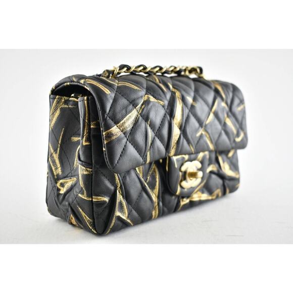 Chanel 21A Black Gold Painted Mini Flap Rectangle CC Quilted Chain Crossbody Bag - Picture 4 of 12